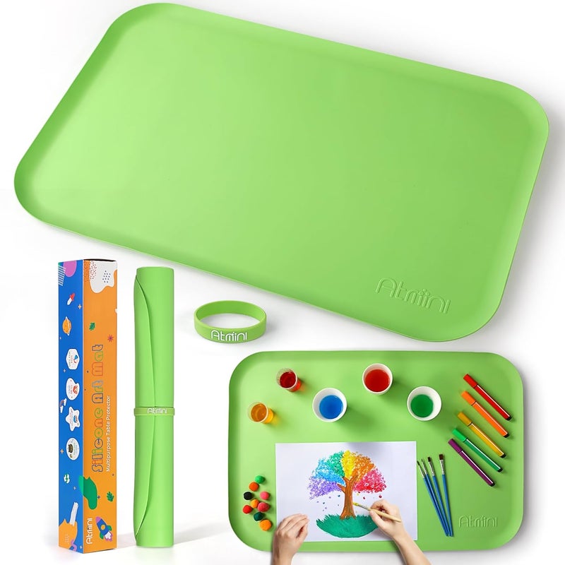 AtMini Store Silicone Craft Mats for Kids 24"x16"– with Raised Lip & Non-Slip | Reusable Silicone Art Mat for Play Sand, Painting, DIY Crafts | Durable Design (Green) - Image 1